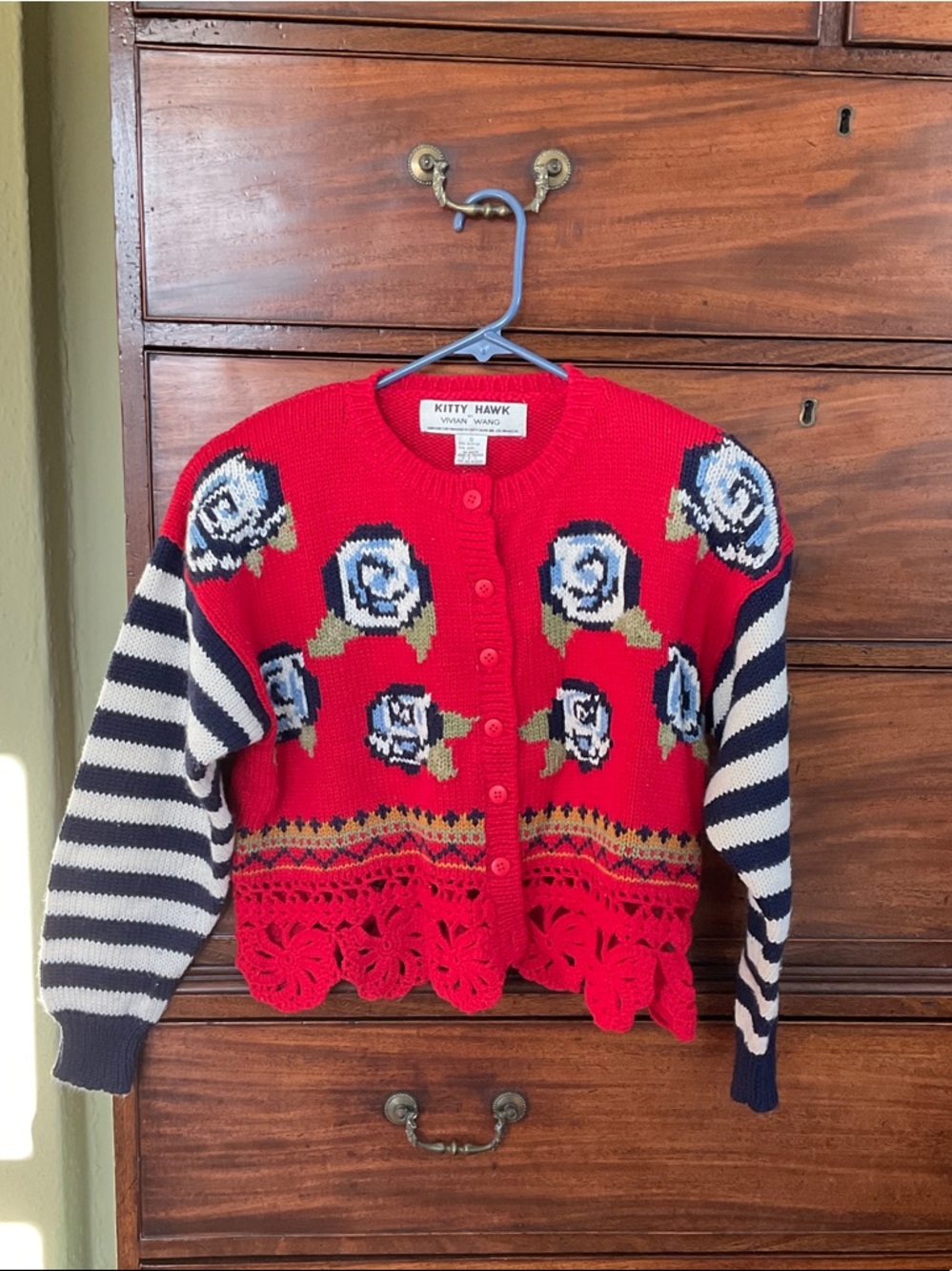 Kitty Hawk Red Floral Knit Cardigan with Navy Stripe Sleeves